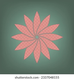 Flower sign. Apricot Icon with Brick Red parquet floor graphic pattern on a Ebony background. Feldgrau. Green. Illustration.