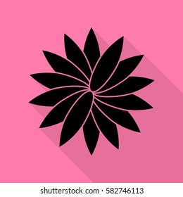 Flower sign. Black icon with flat style shadow path on pink background.