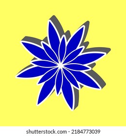 Flower sign. Blue Icon with white stroke in 3d at yellow Background. Illustration.