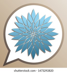 Flower sign. Bright cerulean icon in white speech balloon at pale taupe background. Illustration.