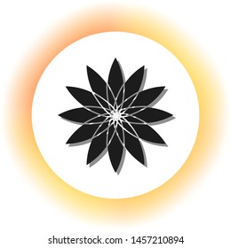 Flower sign. Dark icon with shadow on the glowing circle button. Illustration.
