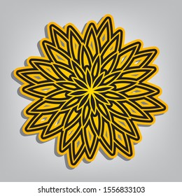 Flower sign. Flat orange icon with overlapping linear black icon with gray shadow at whitish background. Illustration.