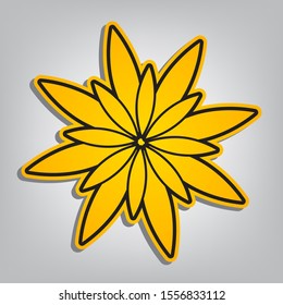 Flower sign. Flat orange icon with overlapping linear black icon with gray shadow at whitish background. Illustration.