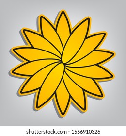 Flower sign. Flat orange icon with overlapping linear black icon with gray shadow at whitish background. Illustration.
