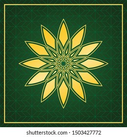 Flower sign. Golden icon with gold contour at dark green gridded background. Illustration.