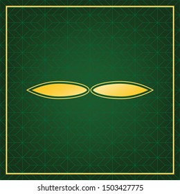 Flower sign. Golden icon with gold contour at dark green gridded background. Illustration.