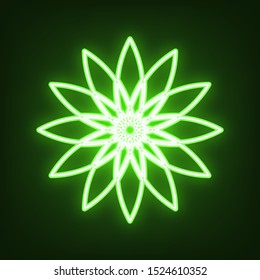 Flower sign. Green neon icon in the dark. Blurred lightening. Illustration.