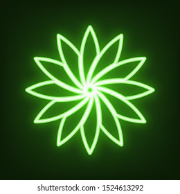 Flower sign. Green neon icon in the dark. Blurred lightening. Illustration.