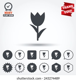Flower sign icon. Rose symbol. Macro. Circle, star, speech bubble and square buttons. Award medal with check mark. Thank you ribbon. Vector