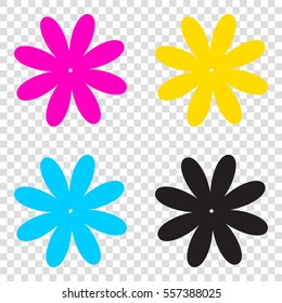 Flower sign illustration. CMYK icons on transparent background. Cyan, magenta, yellow, key, black.