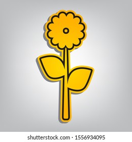 Flower sign illustration. Flat orange icon with overlapping linear black icon with gray shadow at whitish background. Illustration.