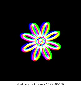 Flower sign illustration. Red, green and blue unfocused contour icon at black background. Illustration.