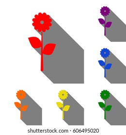 Flower sign illustration. Set of red, orange, yellow, green, blue and violet icons at white background with flat shadow.