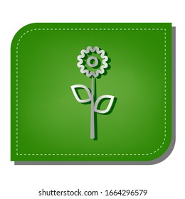 Flower sign illustration. Silver gradient line icon with dark green shadow at ecological patched green leaf. Illustration.