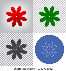 Flower sign illustration. Vector. 4 styles. Red gradient in radial lighted background, green flat and gray scribble icons on transparent and linear one in blue circle.