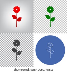 Flower sign illustration. Vector. 4 styles. Red gradient in radial lighted background, green flat and gray scribble icons on transparent and linear one in blue circle.
