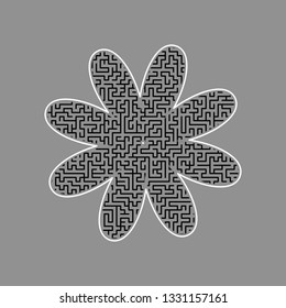 Flower sign illustration. Vector. Black maze filled icon with white border at gray background.