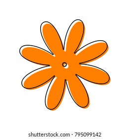 Flower sign illustration. Vector. Black line icon with shifted flat orange filled icon on white background. Isolated.