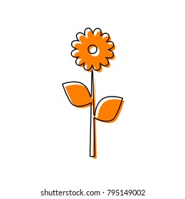 Flower sign illustration. Vector. Black line icon with shifted flat orange filled icon on white background. Isolated.