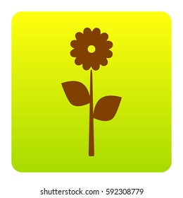 Flower sign illustration. Vector. Brown icon at green-yellow gradient square with rounded corners on white background. Isolated.