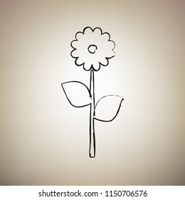 Flower sign illustration. Vector. Brush drawed black icon at light brown background.
