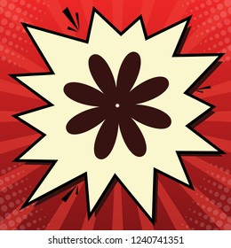 Flower sign illustration. Vector. Dark red icon in lemon chiffon shutter bubble at red popart background with rays.