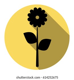 Flower sign illustration. Vector. Flat black icon with flat shadow on royal yellow circle with white background. Isolated.