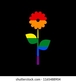 Flower sign illustration. Vector. Icon with colors of LGBT flag at black background.