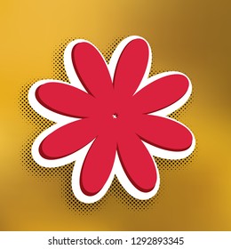 Flower sign illustration. Vector. Magenta icon with darker shadow, white sticker and black popart shadow on golden background.