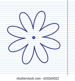 Flower sign illustration. Vector. Navy line icon on notebook paper as background with red line for field.