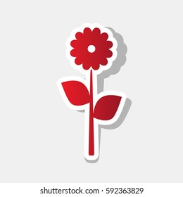 Flower sign illustration. Vector. New year reddish icon with outside stroke and gray shadow on light gray background.