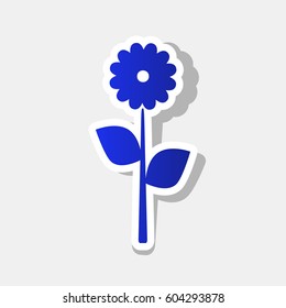 Flower sign illustration. Vector. New year bluish icon with outside stroke and gray shadow on light gray background.