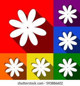 Flower sign illustration. Vector. Set of icons with flat shadows at red, orange, yellow, green, blue and violet background.