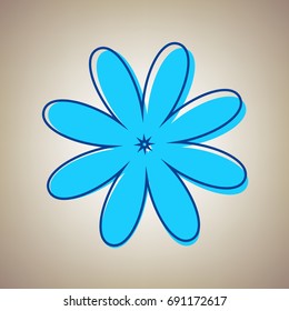 Flower sign illustration. Vector. Sky blue icon with blue contour on beige background.