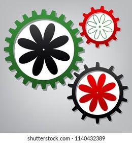 Flower sign illustration. Vector. Three connected gears with icons at grayish background.