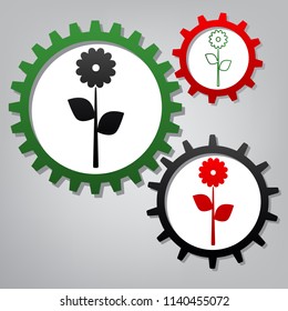 Flower sign illustration. Vector. Three connected gears with icons at grayish background.