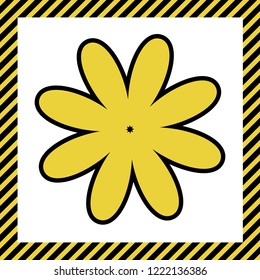 Flower sign illustration. Vector. Warm yellow icon with black contour in frame named as under construction at white background. Isolated.