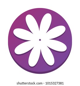 Flower sign illustration. Vector. White icon with flat shadow on purpureus circle at white background. Isolated.