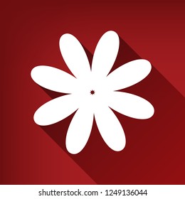 Flower sign illustration. Vector. White icon with limitless shadow at ruby red background.