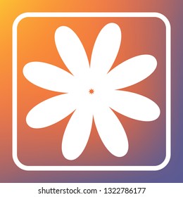 Flower sign illustration. Vector. White icon on transparent button at orange-violet gradient background.