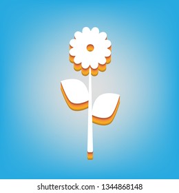 Flower sign illustration. Vector. White icon with 3d warm-colored gradient body at sky blue background.