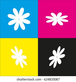 Flower sign illustration. Vector. White icon with isometric projections on cyan, magenta, yellow and black backgrounds.