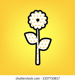 Flower sign illustration. Vector. Yellow polka dot white icon with black contour at warm yellow background.