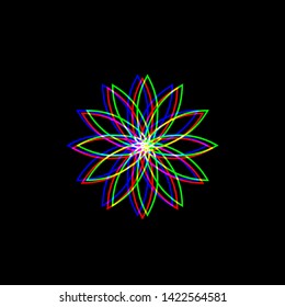 Flower sign. Red, green and blue unfocused contour icon at black background. Illustration.