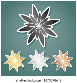 Flower sign. Set of metallic Icons with gray, gold, silver and bronze gradient with white contour and shadow at viridan background. Illustration.