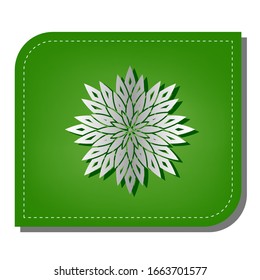 Flower sign. Silver gradient line icon with dark green shadow at ecological patched green leaf. Illustration.