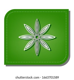 Flower sign. Silver gradient line icon with dark green shadow at ecological patched green leaf. Illustration.