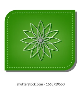 Signo de flor. Icono de línea de gradiente plateado con sombra verde oscuro en hoja verde con parches ecológicos. Ilustración.