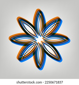 Flower sign. Stroked Icon in orange, azure and old lavender Colors at gray Background. Illustration.