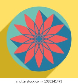 Flower sign. Sunset orange icon with llapis lazuli shadow inside medium aquamarine circle with different goldenrod shadow at royal yellow background.